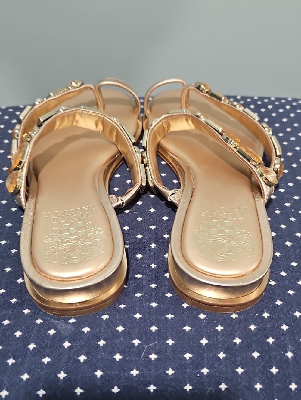 Vince Camuto Metallic Gold Jeweled Double-Strap Slide Sandals - Picture 9 of 14